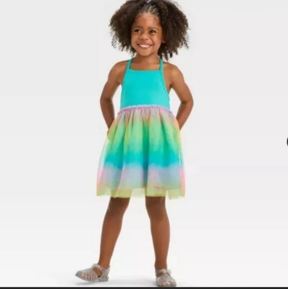 Toddler Girls' Cat & Jack Turquoise Rainbow Tulle Dress Size 12M - Picture 3 of 11